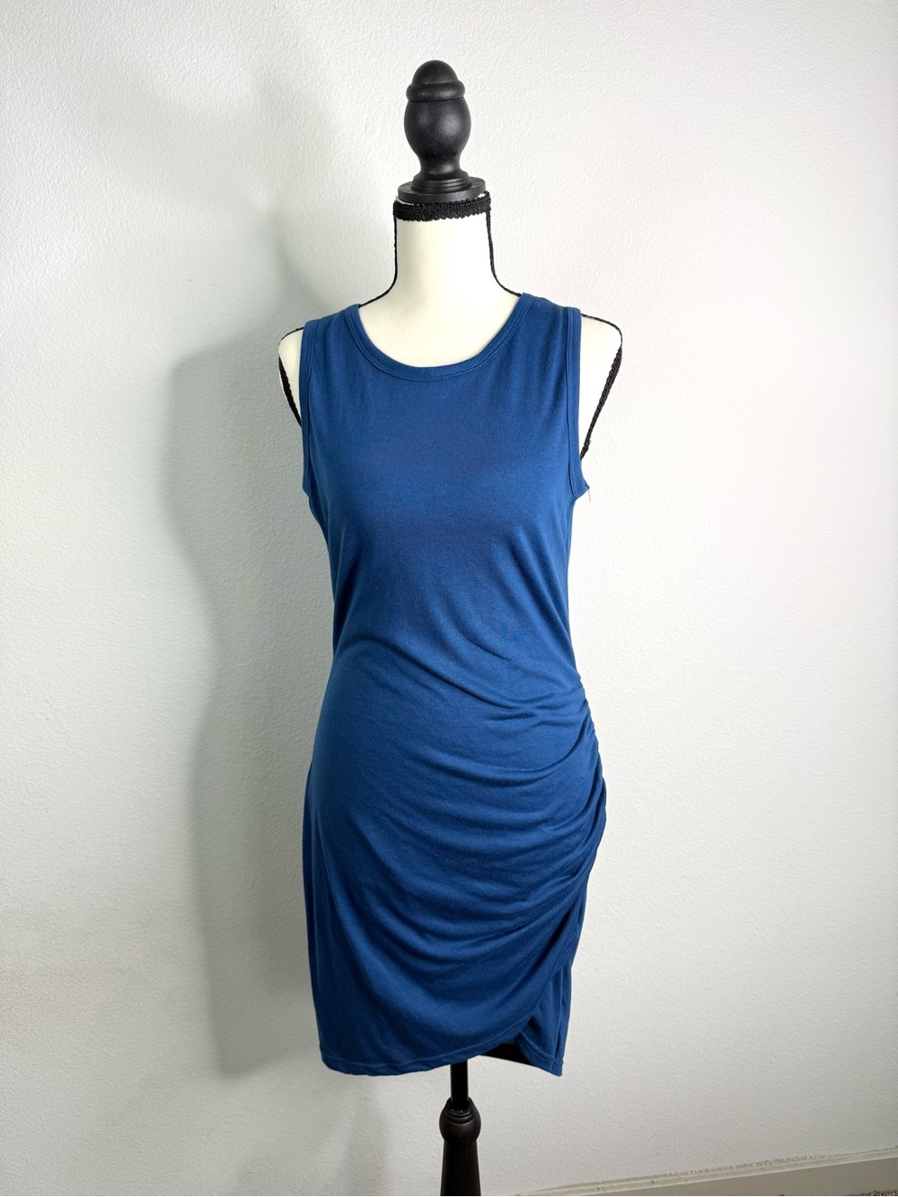 Sleeveless Blue Ruched Tank Dress